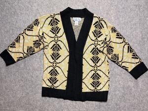 VTG BFA Classics Open Front Cardigan Sweater MP Black Tan Floral Knit Geometric